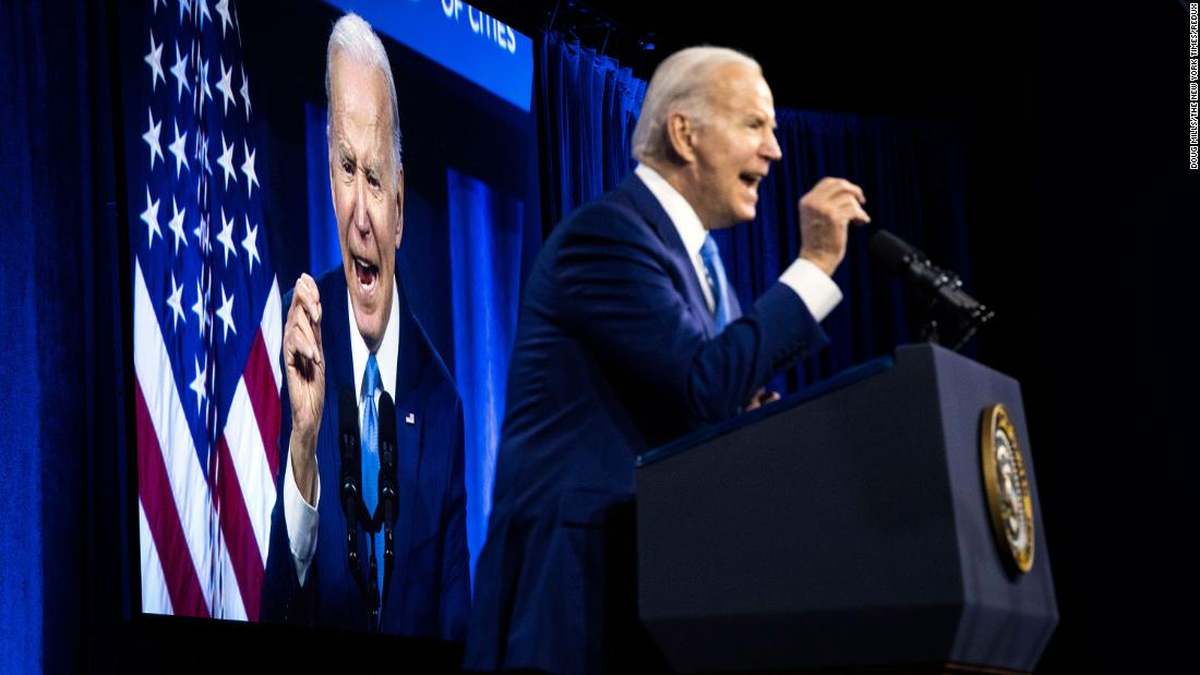Biden addresses the National League of Cities&#39; Congressional City Conference in March 2022.