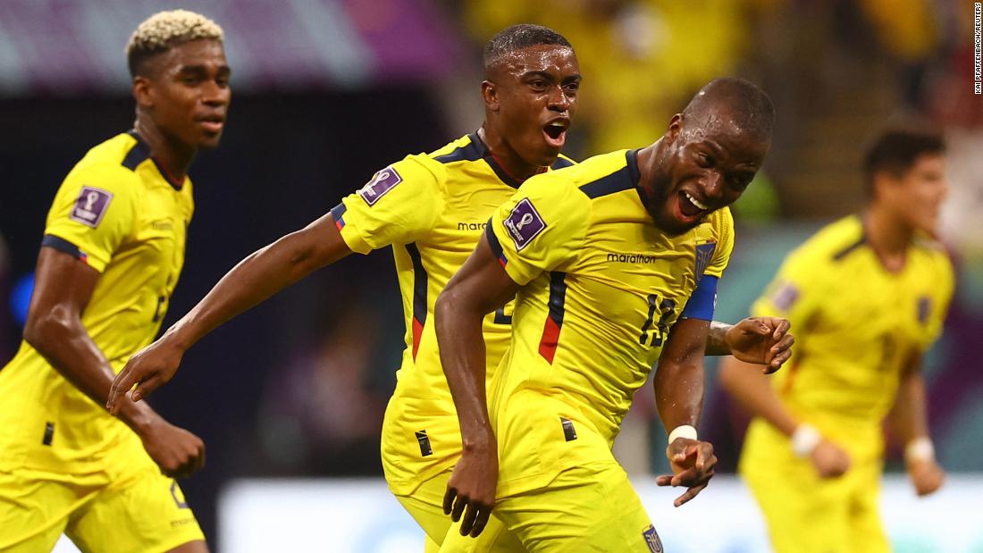 Enner Valencia, third from left, celebrates after scoring a second goal against host nation Qatar in the tournament&#39;s opening match. Ecuador went on to win 2-0.