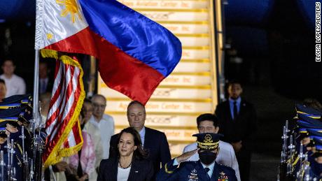 US Vice President Kamala Harris and her husband Doug Emhoff arrive at Ninoy Aquino International Airport in Manila November 20, 2022.