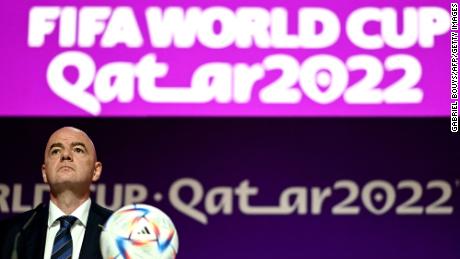 FIFA President Gianni Infantino attends a press conference at the Qatar National Convention Center (QNCC) in Doha on November 19, 2022, ahead of the Qatar 2022 World Cup football tournament. 