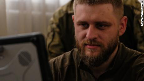 Andrii Pidlisnyi, 28, reviews some of the footage he and his unit recorded while carrying out reconnaissance missions beyond enemy lines in Kherson.