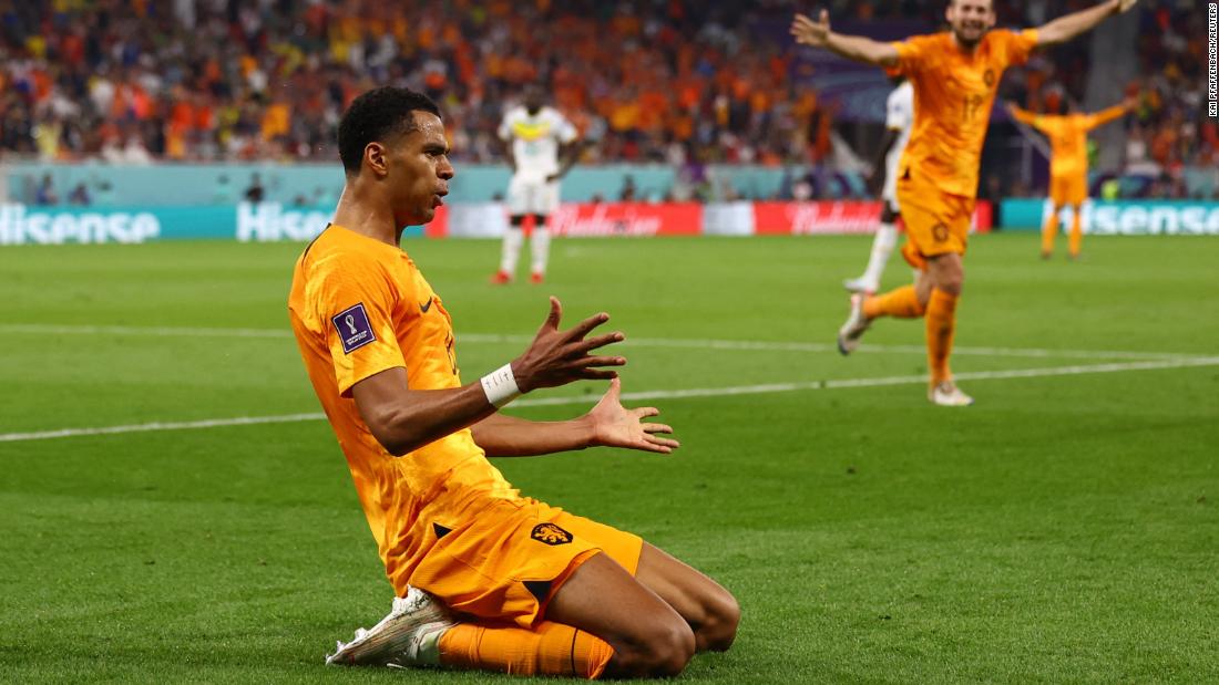 The Netherlands&#39; Cody Gakpo celebrates his second-half goal that gave the Dutch a 1-0 lead over Senegal in their World Cup opener on November 21. The Netherlands added a second goal just before the final whistle to win 2-0.