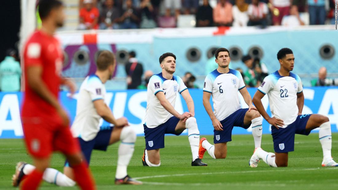 England players take a knee before the start of the Iran match. England manager Gareth Southgate confirmed Sunday that the team would be making the symbolic gesture. &quot;We think it&#39;s a strong statement that will go around the world for young people in particular to see that inclusivity is very important,&quot; Southgate said.