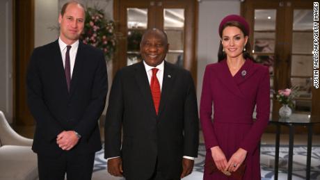 The Prince and Princess of Wales stand with South Africa&#39;s President Cyril Ramaphosa (C) at the Corinthia Hotel in London.