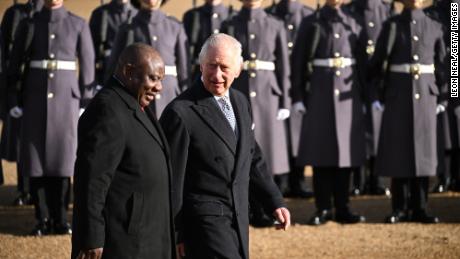 Britain&#39;s King Charles III and South Africa President Cyril Ramaphosa at Horse Guards Parade, in London, on Tuesday. 