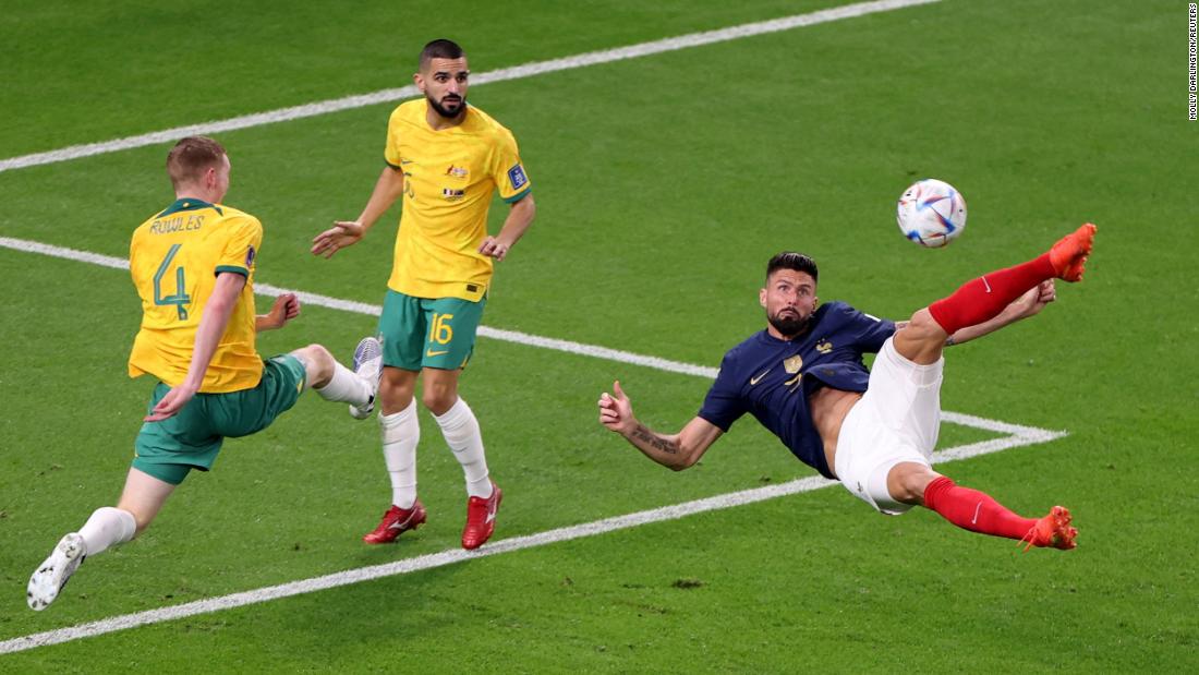 French striker Olivier Giroud attempts a shot on goal during a match against Australia on November 22. Giroud scored twice as the defending champions won 4-1. His two goals tied him with Thierry Henry for most international goals by a Frenchman (51).