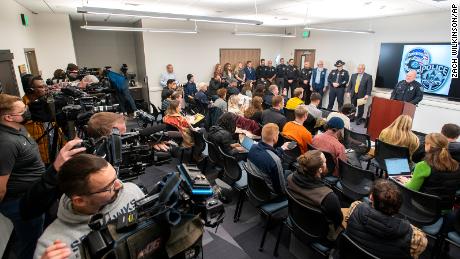 Media members gather as Chief James Fry speaks during a press conference about a quadruple homicide investigation involving four University of Idaho students at the Moscow Police Department on Wednesday, November 16, 2022, in Moscow, Idaho. 