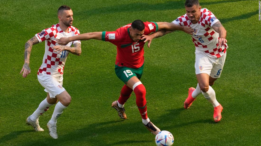 Morocco&#39;s Selim Amallah tries to dribble past Croatia&#39;s Marcelo Brozovic, left, and Dejan Lovren during their 0-0 draw on November 23. Croatia was the runner-up in the last World Cup.