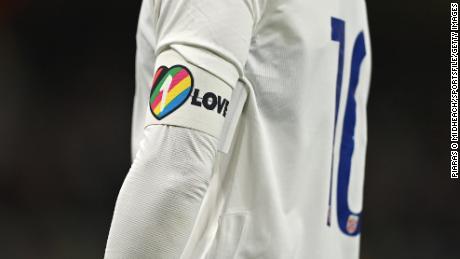 The captain&#39;s armband of Martin Ødegaard of Norway during the international friendly match against the Republic of Ireland at the Aviva Stadium in Dublin on November 17.