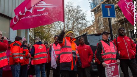 Strikers from the CWU Trade Union attend the picket line at the Camden Sorting office on November 24, 2022 in London, England. Strikes planned for the Black Friday weekend and the run-up to Christmas will go ahead after talks between Royal Mail and the Communication Workers Union ended without agreement. 