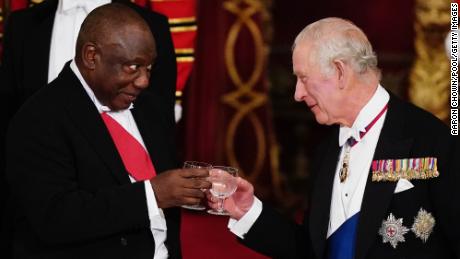King Charles III and South African President Cyril Ramaphosa share a toast during the first state visit of Charles&#39; reign.