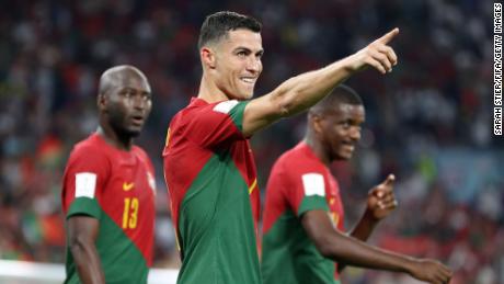 DOHA, QATAR - NOVEMBER 24: Cristiano Ronaldo of Portugal celebrates after scoring their team&#39;s first goal via a penalty during the FIFA World Cup Qatar 2022 Group H match between Portugal and Ghana at Stadium 974 on November 24, 2022 in Doha, Qatar. (Photo by Sarah Stier - FIFA/FIFA via Getty Images)