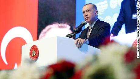 Turkish President Recep Tayyip Erdogan speaks during an event marking the International Day for the Elimination of Violence Against Women at the Istanbul Congress Center in Istanbul on Friday.