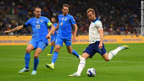 Kane (right) wears the &quot;OneLove&quot; armband during the Nations League game between England and Italy on September 23. 