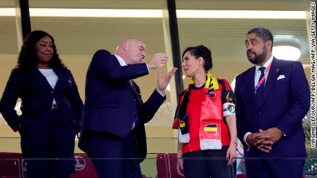 Belgian Foreign Affairs Minister Hadja Lahbib wears a &quot;OneLove&quot; armband in the stands. 