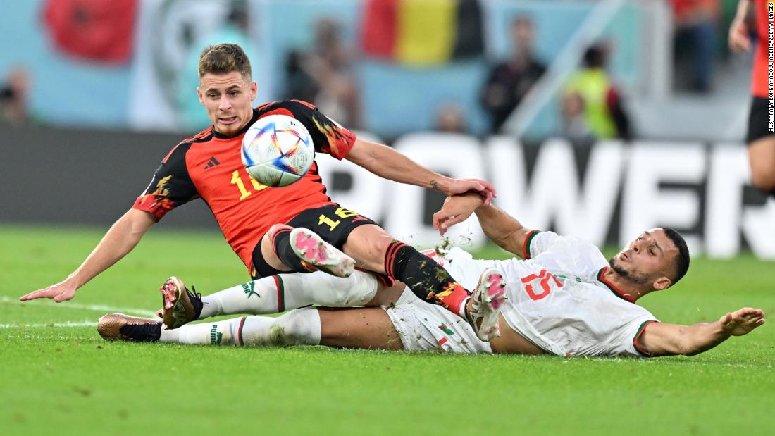 Belgium&#39;s Thorgan Hazard, left, and Morocco&#39;s Selim Amallah compete for the ball on November 27. Morocco defeated Belgium 2-0. It was Morocco&#39;s first World Cup win since 1998 — and its third-ever at the tournament.
