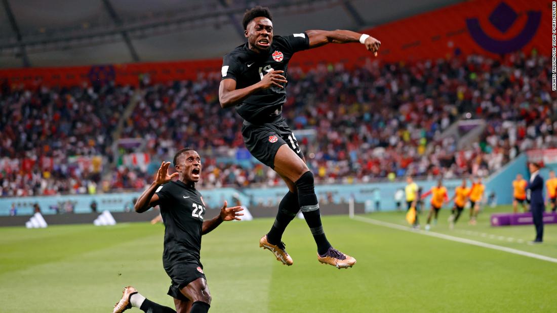 Alphonso Davies celebrates after scoring Canada&#39;s first-ever World Cup goal on November 27. The goal against Croatia came 68 seconds after kickoff and was the fastest at the 2022 tournament so far. But despite the early lead, Canada lost 4-1.