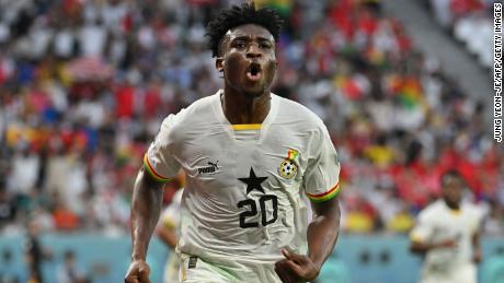 Muhammed Kudus celebrates scoring Ghana&#39;s second goal against South Korea  at the 2022 Qatar World Cup.