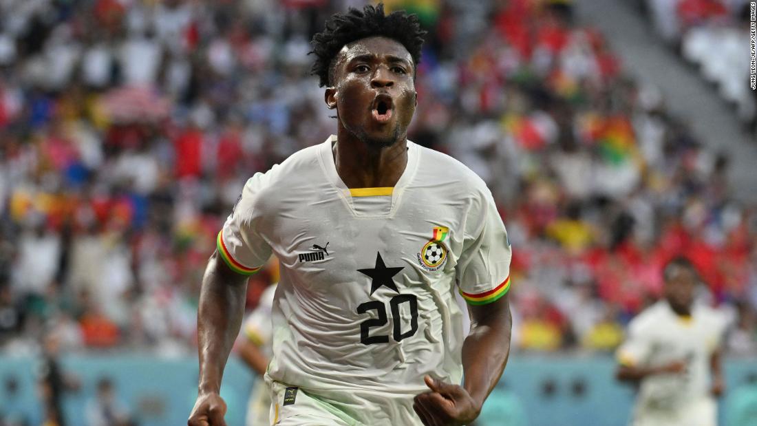 Ghana midfielder Mohammed Kudus celebrates a goal during the match against South Korea on November 28. It was his second goal of the day, and it was the difference in Ghana&#39;s 3-2 victory.