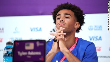Tyler Adams looks on during a press conference on November 28, 2022 in Doha, Qatar.