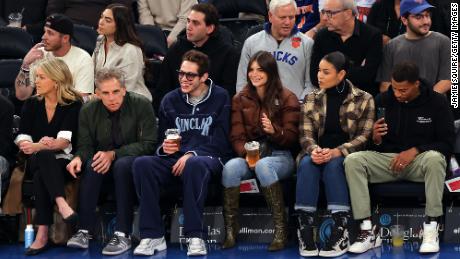 Christine Taylor, Ben Stiller, Pete Davidson, Emily Ratajkowski, Jordin Sparks and Dana Isaiah watch the game between the Memphis Grizzlies and the New York Knicks at Madison Square Garden on November 27.