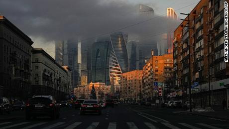 The Moscow City skyscrapers are seen during sunrise of a cold sunny day in Moscow, Russia, Wednesday, Nov. 30, 2022. Moscow temperatures on Monday dropped to - 9 degree Celsius ( 15.8 degree Fahrenheit). (AP Photo/Alexander Zemlianichenko)