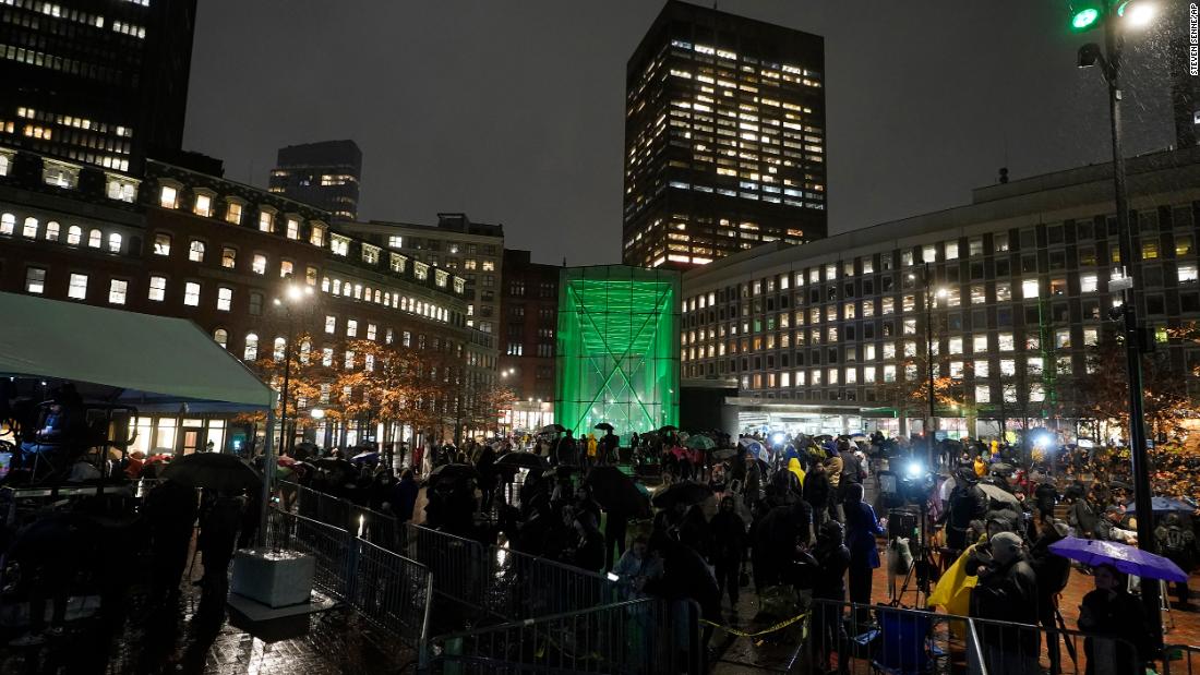 A Boston subway station is illuminated green following Wednesday&#39;s lighting ceremony.