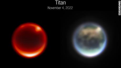 Images of Saturn&#39;s moon Titan, captured by NIRCam on November 4, 2022. Left: Image from F212N, a 2.12-micron filter sensitive to Titan&#39;s lower atmosphere. The bright spots are prominent clouds in the northern hemisphere. Right: Color composite image from combined NIRCam filters: Blue=F140M, Green=F150W, Red=F200W, Brightness=F210M. Several prominent surface features are labeled: Kraken Mare is thought to be a methane sea; Belet is composed of dark-colored sand dunes; Adiri is a bright albedo feature. 