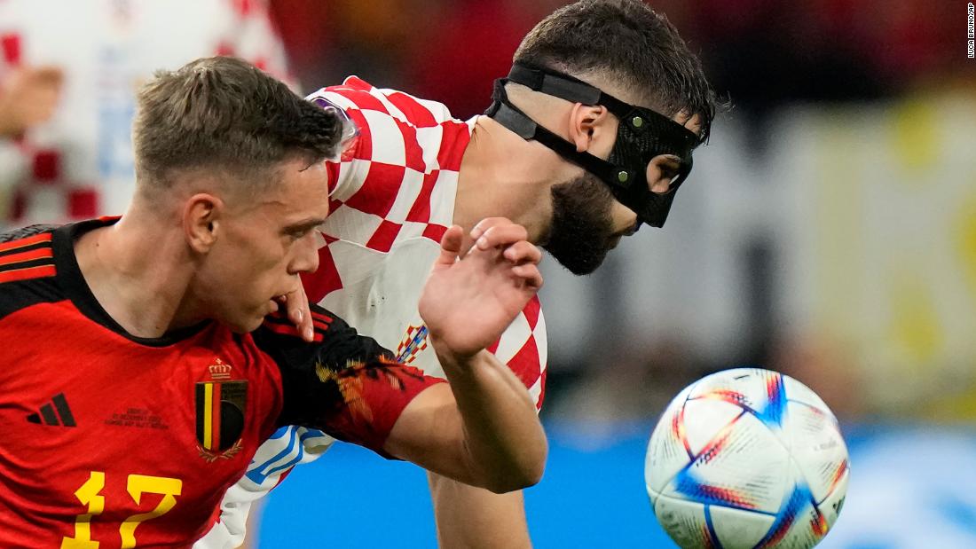 Belgium&#39;s Leandro Trossard, left, and Croatia&#39;s Josko Gvardiol compete for a ball. Croatia finished second in Group F to advance to the tournament&#39;s knockout stage.
