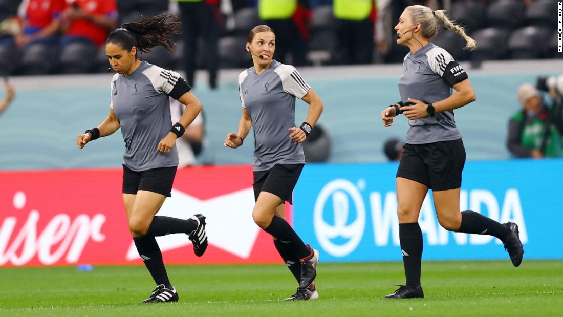 Referee Stephanie Frappart, center, warms up with assistant referees Karen Diaz, left, and Neuza Back before the Germany-Costa Rica match. &lt;a href=&quot;https://www.cnn.com/sport/live-news/world-cup-2022-12-01-2022/h_9e54a9b7b64fac9df31c09b2f48fcc93&quot; target=&quot;_blank&quot;&gt;They made history&lt;/a&gt; as the first all-female refereeing crew for a men&#39;s World Cup match. Frappert became the first woman to referee a men&#39;s World Cup match.