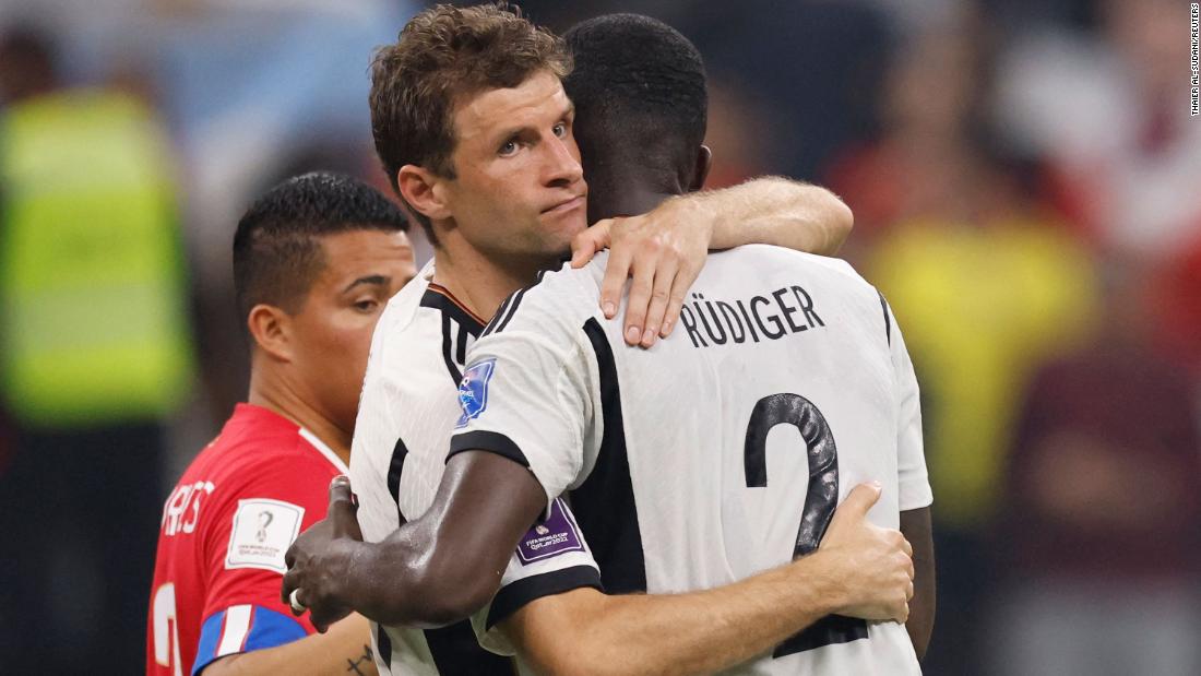 Germany&#39;s Thomas Müller hugs Antonio Rüdiger after their 4-2 win over Costa Rica on December 1. Despite the win, Germany was eliminated from the tournament because Japan defeated Spain.