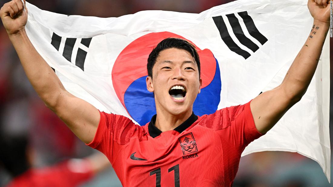 South Korea&#39;s Hwang Hee-chan celebrates December 2 after his team&#39;s 2-1 victory over Portugal clinched a spot in the next round. Hwang scored the game-winning goal in second-half stoppage time.