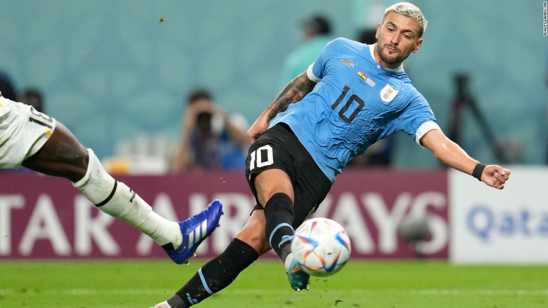 Uruguay&#39;s Giorgian de Arrascaeta scores his second goal in the 2-0 victory over Ghana on December 2. Uruguay finished Group H with the same amount of points as South Korea, but the South Koreans advanced because they scored more goals in the group.