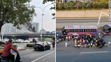 From left, a protest banner is seen on Sitong Bridge in Beijing on October 13, and Foxconn employees in Zhengzhou take buses home on October 30.