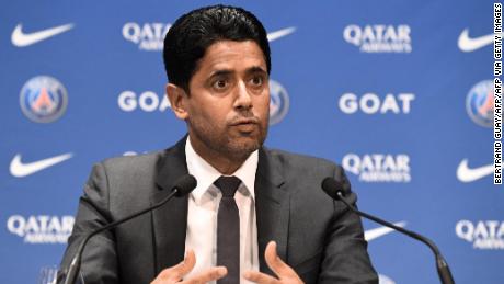 French L1 football club Paris Saint-Germain&#39;s (PSG) President Nasser Al-Khelaifi attends a press conference after the club appointed his new coach at the Parc des Princes stadium in Paris on July 5, 2022. - French coach Christophe Galtier quit as coach of Nice in June and replaces Mauricio Pochettino, who was released from his duties earlier today. Galtier, who guided Lille to the Ligue 1 title in 2021, is PSG&#39;s seventh coach since the Qataris bought the club 11 years ago and will be expected to finally lift the Champions League trophy. (Photo by BERTRAND GUAY / AFP) (Photo by BERTRAND GUAY/AFP via Getty Images)