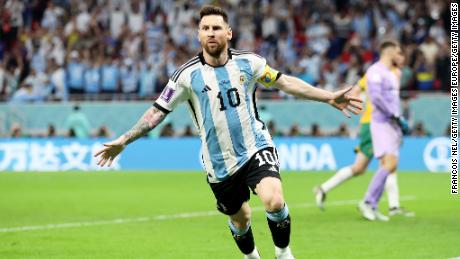 Lionel Messi celebrates after scoring against Australia at the 2022 World Cup. 