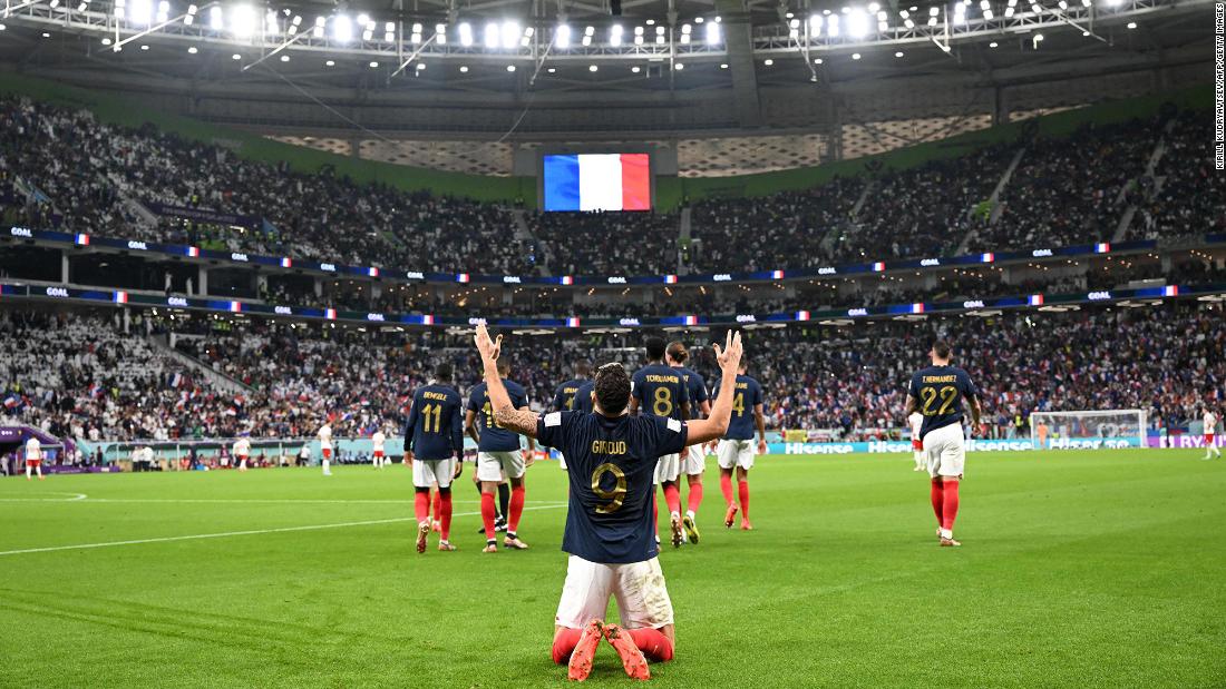 France&#39;s Olivier Giroud celebrates scoring his team&#39;s first goal against Poland on December 4. With the goal, Giroud became &lt;em&gt;Les Bleus&lt;/em&gt;&#39; all-time top goalscorer. France defeated Poland 3-1 to advance to the quarterfinals.