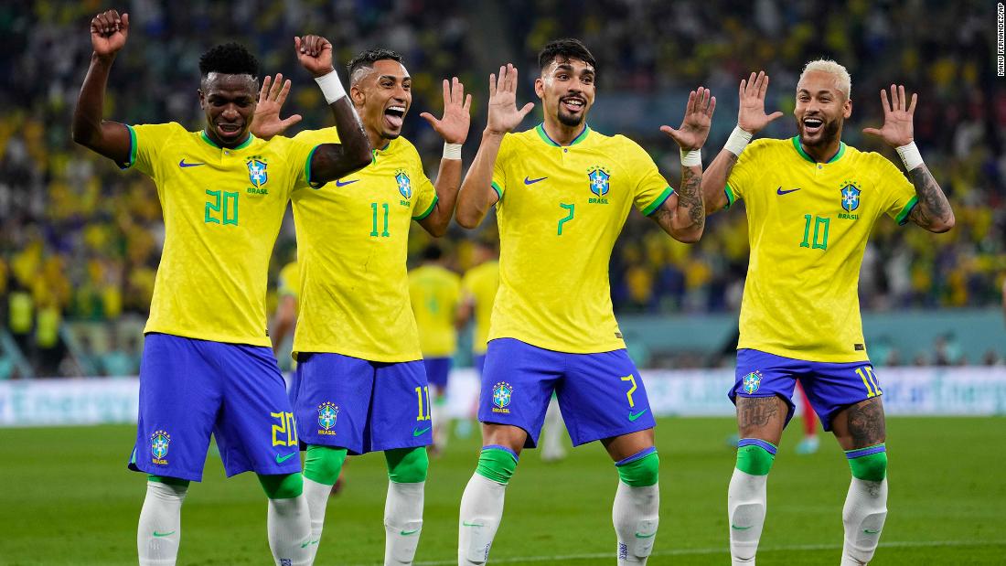 From left, Vinicius Junior, Raphinha, Lucas Paqueta and Neymar celebrate after one of Brazil&#39;s four first-half goals.