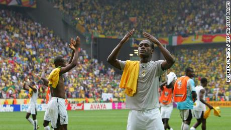 Derek Boateng thanks supporters after Ghana&#39;s World Cup round of 16 match against Brazil in Dortmund, Germany, in June 2006.