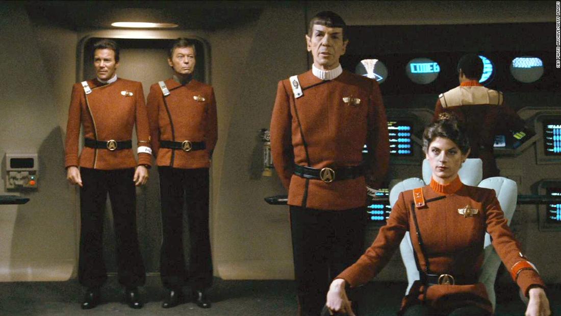From right, Alley appears alongside Leonard Nemoy, DeForest Kelley and William Shatner in the movie &quot;Star Trek II: The Wrath of Khan.&quot; The role marked Alley&#39;s feature film debut.