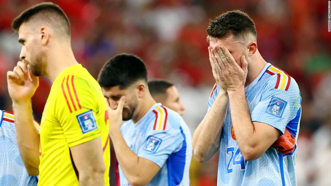 Spain&#39;s Aymeric Laporte reacts after the loss to Morocco.
