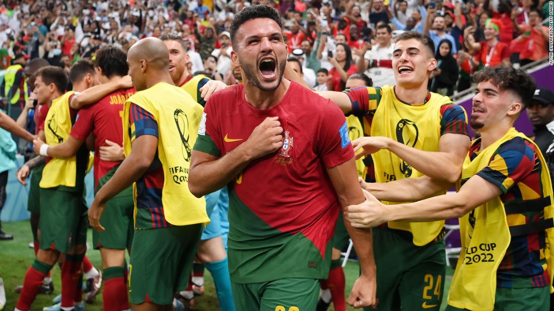 Gonçalo Ramos celebrates his first of three goals in Portugal&#39;s 6-1 thrashing of Switzerland on December 6. The win booked Portugal&#39;s spot in the quarterfinals.