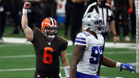 Mayfield celebrates a Cleveland Browns touchdown against the Dallas Cowboys in the second quarter at AT&amp;T Stadium on October 4, 2020. The Browns would eventually win 49-38.