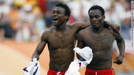 Boateng celebrates Ghana&#39;s victory over the United States at the 2006 World Cup alongside star midfielder Michael Essien.