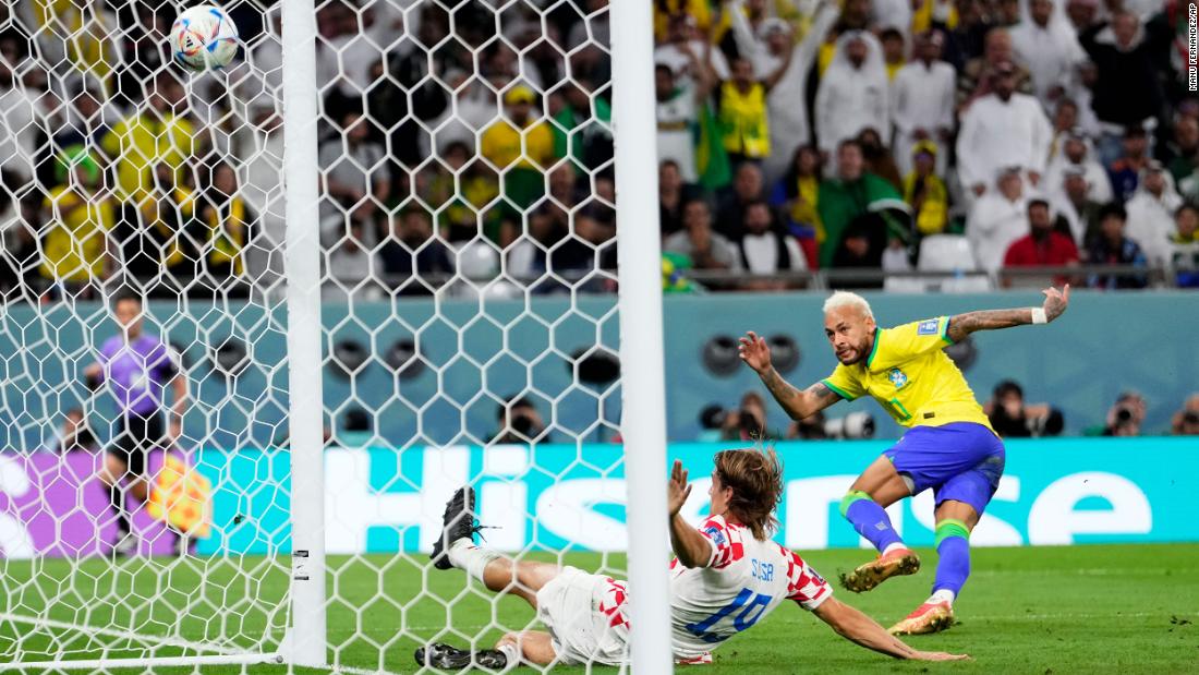 Neymar opens the scoring in extra time after the match went scoreless in regulation. With the goal, he tied Pelé as Brazil&#39;s all-time goalscorer. But Croatia would tie the match a few minutes later with a goal from Bruno Petković. 