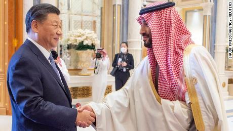Saudi Crown Prince Mohammed bin Salman shakes hands with Chinese President Xi Jinping during the China-Arab summit in Riyadh, Saudi Arabia on December 9, 2022.
