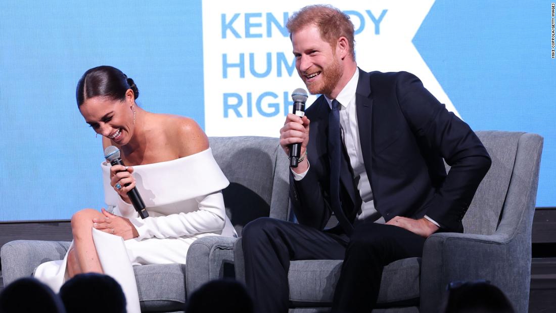 Meghan and Harry laugh while on stage at the Robert F. Kennedy Human Rights Ripple of Hope Gala, which was held in New York in December 2022.