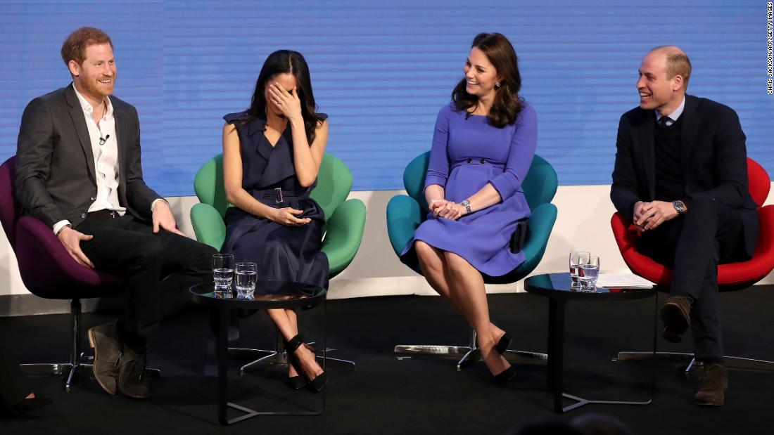 Harry and Meghan join Prince William and Catherine, Duchess of Cambridge, during a Royal Foundation Forum in February 2018.