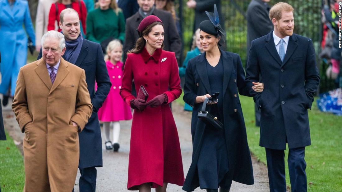 Meghan and Harry attend a Christmas Day church service in December 2018. With them, from left, are Prince Charles; Prince William; and William&#39;s wife Catherine, the Duchess of Cambridge. Harry and William are the two sons of Prince Charles and the late Princess Diana.