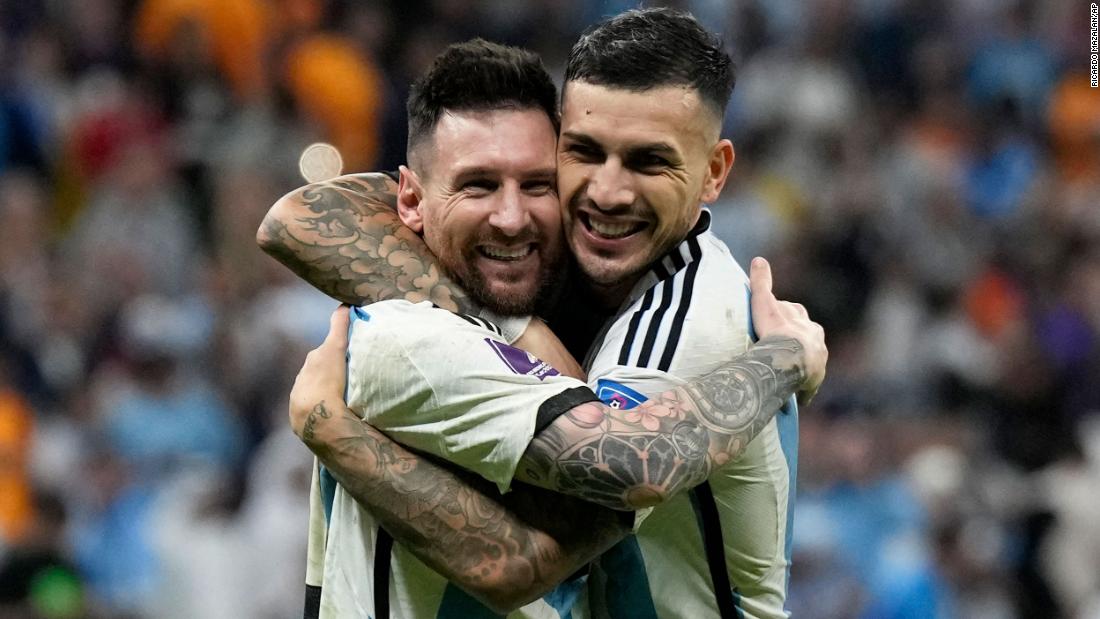 Argentina&#39;s Lionel Messi, left, and Leandro Paredes celebrate their berth in the semifinals.